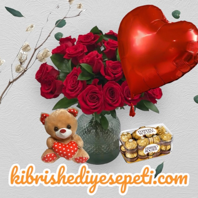 Vazoda 21 Kırmızı Gül Balon Çikolata Ayıcık